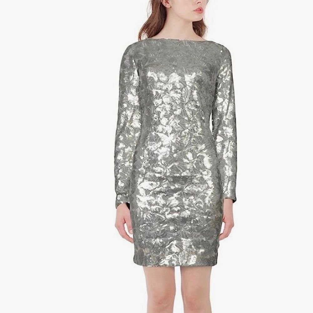 Aidan by Aidan Mattox Gunmetal Sequin Boatneck Collar Shift Dress